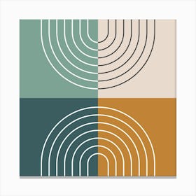 Abstract Rainbow Line and Colour Blocks I in Gold Beige Forest Sage Green, Midcentury Modern Design 1 Canvas Print