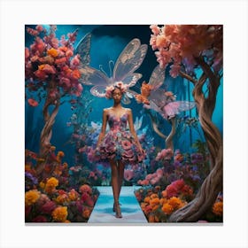 fashion, Surreal fashion garden, plant mannequins, giant flowers, organic dresses, twisted trees, cyber butterflies, psychedelic sky, colorful mist, floating lighting, enchanted podium, colors that change at the touch. 2 Canvas Print