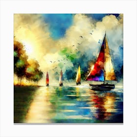 Sea Sailboats Blue Sky Sunset Artwork Canvas Print