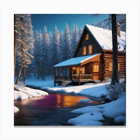 snowy cabin with a creek Canvas Print