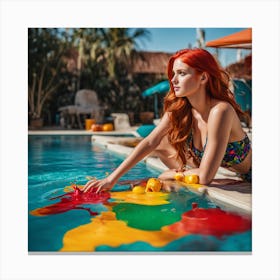 A Red Hair Girl Is Taking In The Pool Which Is Full Of Colorful Paint 240148678 Canvas Print