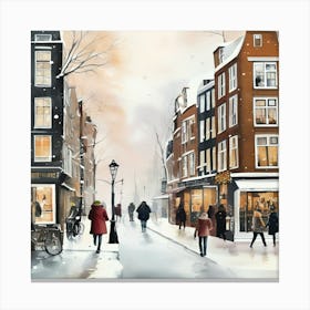 Amsterdam cafes, winter season, Christmas, pale colors, pedestrians in the street, winter clothes, falling snow. Canvas Print