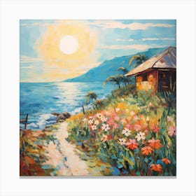 Celestial Shores: Sunlit Watercolour Paradise Canvas Print