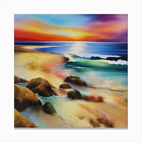 Artwork, oil colors, sea and sunset, seashore, beach rocks.San Francisco, USA.5 Canvas Print