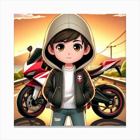 Boy Standing In Front Of Motorcycle Canvas Print