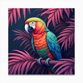 A Colorful Parrot With A Gradient Plumage Perched On A Neon Palm Tree Canvas Print