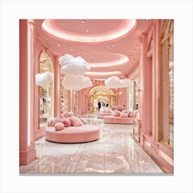 A Whimsical Cotton Candy Hued Shopping Mall Enshrined By Soft Clouds As Walkways Golden Motifs Su Canvas Print