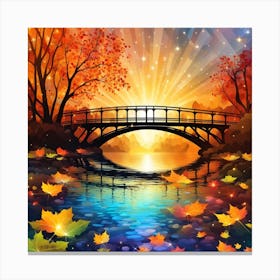 Color Illustration Showing A Autumn Sunrise Scenery With A Arch Bridge Over A River And Lush Trees And Leafs And A Abstract Crystal Sky With Stars Canvas Print