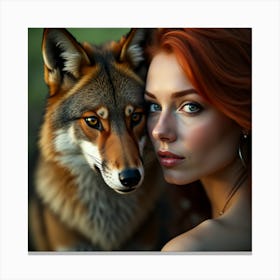 Beautiful Woman And Wolf Canvas Print