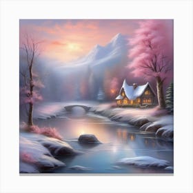 House By The River Watercolor Landscape Canvas Print