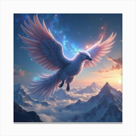 A Mythical Griffin With Feathers Of Swirling Galaxies Soaring Over A Dreamlike Mountain Range Canvas Print