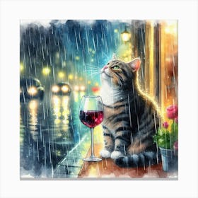 Cat Drinking Wine In The Rain 10 Canvas Print