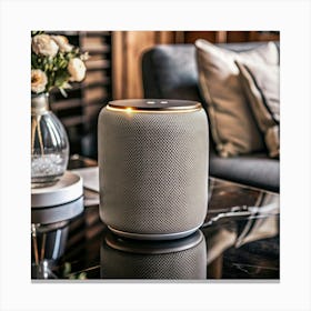 Grey Smart Speaker With Golden Accent On Glass Table Canvas Print