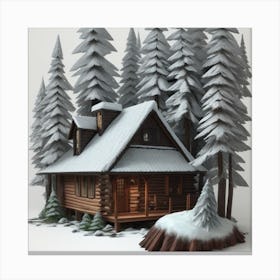 Small wooden hut inside a dense forest of pine trees with falling snow 1 Canvas Print