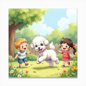 A Friendly Bichon Frise Playing In The Garden With Children, Watercolor 1 Canvas Print