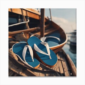 Blue Flip Flops On A Boat Canvas Print