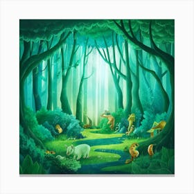 Cartoon Forest With Animals Canvas Print
