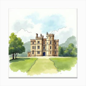 Watercolor Of The Eastnor Castle In Herefordshire, Showcasing Its Grand Architecture And Scenic Landscape Canvas Print