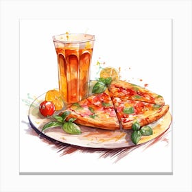 Watercolor Pizza And Drink Canvas Print