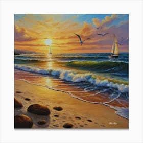 Oil painting design on canvas. Sandy beach rocks. Waves. Sailboat. Seagulls. The sun before sunset.5 Canvas Print