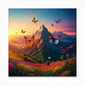 Firefly Mountain, Scenery, Nature, Sunrise, Butterfly, Wings, Paintbrush, Paints, Scattered, Small L (2) Canvas Print