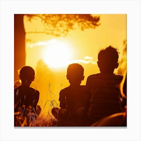 Silhouette Of Children At Sunset Canvas Print