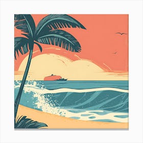 Retro Seascape With Palm Trees Canvas Print