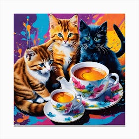 Three Kittens Drinking Tea Canvas Print