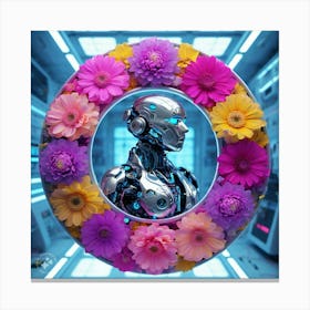 Robot In A Circle Of Flowers Canvas Print