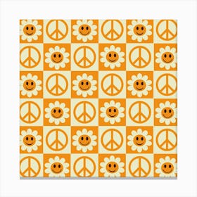Checkered Smiling Flowers and Orange Peace Signs Canvas Print