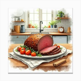 Watercolor Depiction Of A Savory And Hearty Beef Pot Roast On A Cozy Kitchen Table Canvas Print