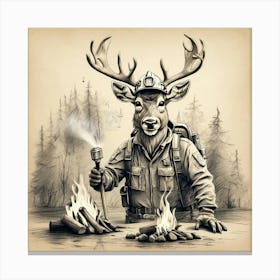 Deer With A Campfire Canvas Print