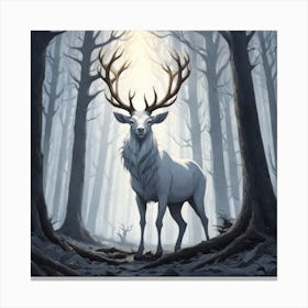 A White Stag In A Fog Forest In Minimalist Style Square Composition 70 Canvas Print