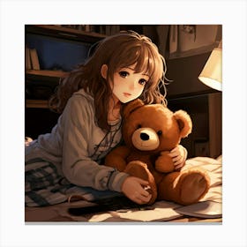 Anime Girl With Teddy Bear Canvas Print