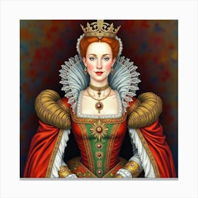 Queen Elizabeth I In Watercolor, Opulent Attire, Rich Background 1 Canvas Print