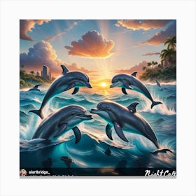 Dolphins At Sunset 2 Canvas Print