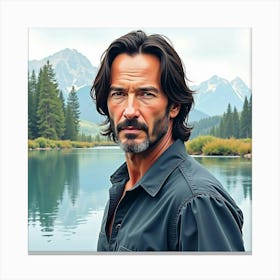 Watercolor Painting Of Keanu Reeves By A Calm River With Distant Mountains Canvas Print