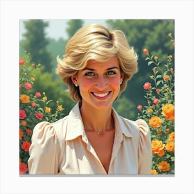 Smiling Princess Diana In Watercolor Hues With Vibrant Garden Backdrop Canvas Print