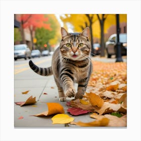 Cat Walking In Autumn Leaves 3 Canvas Print