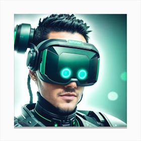 Close up portrait of cyberpunk warrior of the future in green virtual reality glasses on blue digita-1 Canvas Print