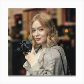 Firefly Young Lady, Posing, Camera, Blurry Effect, Shop Window, Retro Style, Minimal Colors, Soft Fo (8) Canvas Print