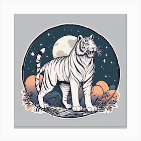 Sticker Art Design, Tiger Howling To A Full Moon, Kawaii Illustration, White Background, Flat Colors (1) 1 Canvas Print