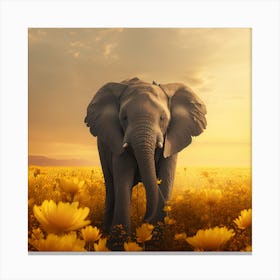 Elephant In A Field Of Yellow Flowers Canvas Print