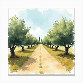 Spanish Olive Grove Painted With Soft Watercolor Shades And Textures Canvas Print