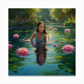 A gracefully floating water nymph, her delicate form surrounded by a tranquil garden of ethereal water blossoms. The petals of these flowers convey a range of emotions, shifting gently with the breeze that ripples through the crystal clear water. The aquatic stems showcase a vibrant array of colors, dazzling the eyes with their beauty. This captivating scene is depicted in a stunningly detailed painting, where every aspect is brought to life with rich and vibrant hues against green surroundings, crossing reality and illusion, highly detailed, cinematic scene, dramatic lighting, ultra realistic 5 Canvas Print