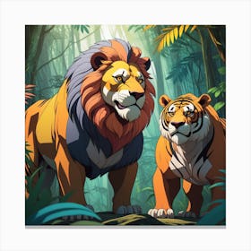 Illustration Of A Majestic Lion Fearsome Tiger And Robust Bear Standing Together In The Dense Jung 603007676 (1) Canvas Print