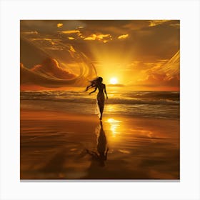 Woman Walking On The Beach At Sunset 1 Canvas Print