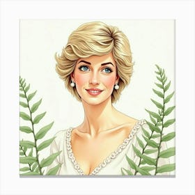 Princess Diana In A Serene Watercolor Scene With Delicate Fern Leaves 1 Canvas Print