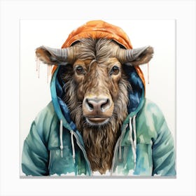 Watercolour Cartoon Wildebeest In A Hoodie 6 Canvas Print