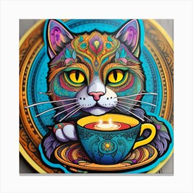 Cat With A Cup Of Tea Whimsical Psychedelic Bohemian Enlightenment Print 2 Canvas Print